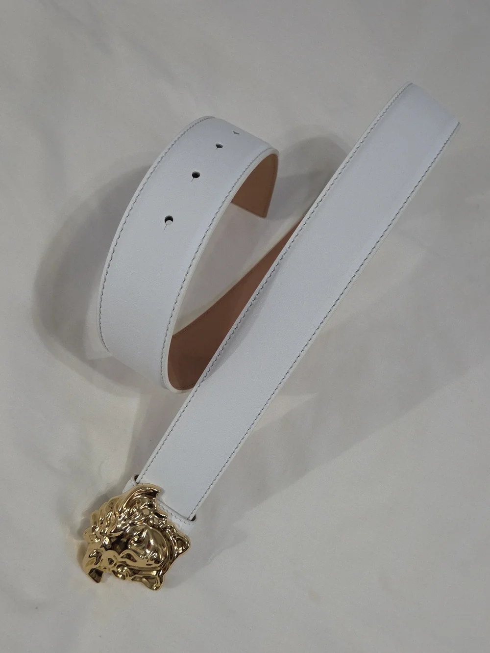 Versace White Leather Belt with Gold 3D Medusa Buckle